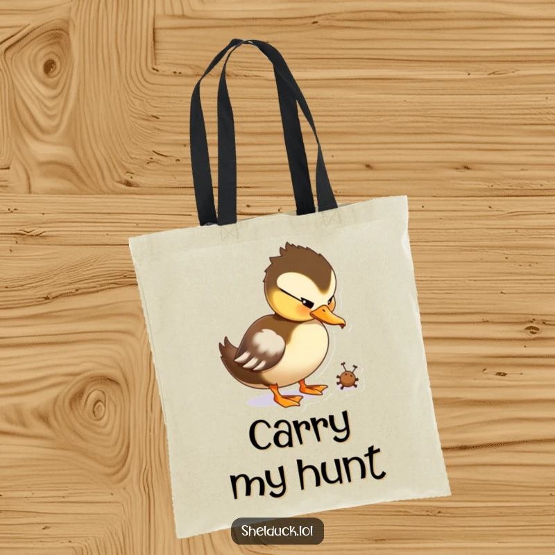 Funny Shelduck Tote Bag with a duck playfully pecking at a tiny bug, a humorous accessory.