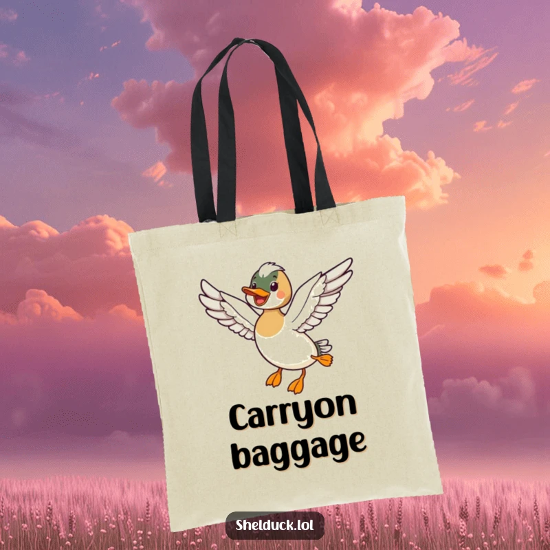 Funny tote bag with a shelduck bird happily flying with wings outstretched, perfect for carrying essentials with freedom.