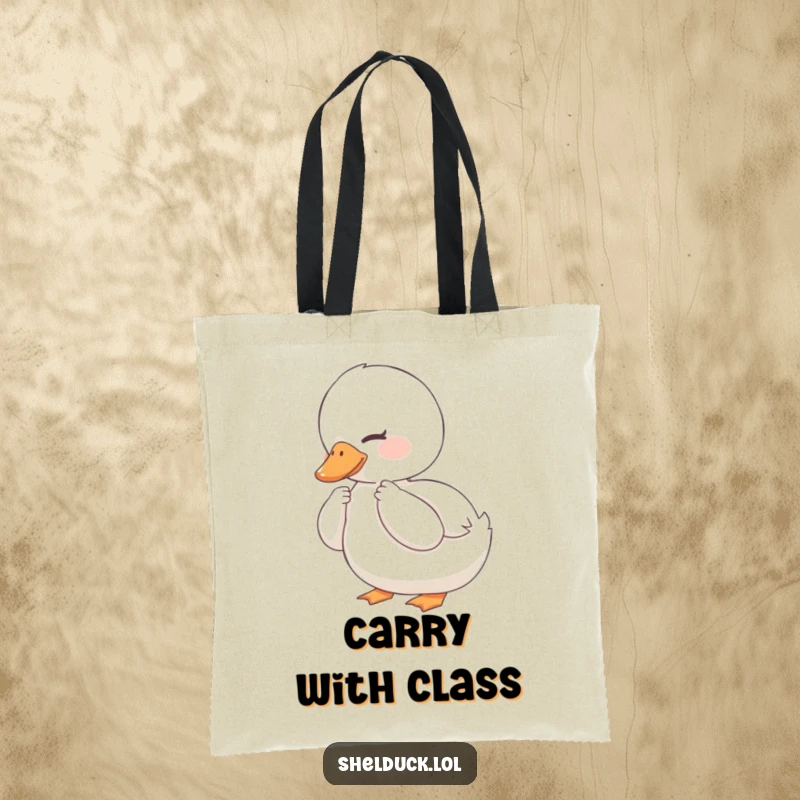 Funny Shelduck Tote Bag: A contented shelduck smiles while preening its feathers, a symbol of peaceful self-care.