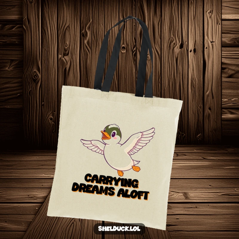Funny Shelduck Tote Bag featuring a shelduck joyfully flying with wings extended, a stylish and humorous accessory for everyday use.