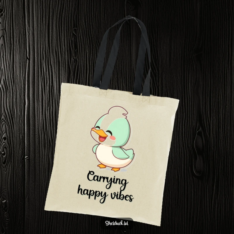 Funny joyful shelduck tote bag with a happy bird bobbing its head, ideal for carrying essentials with cheer.