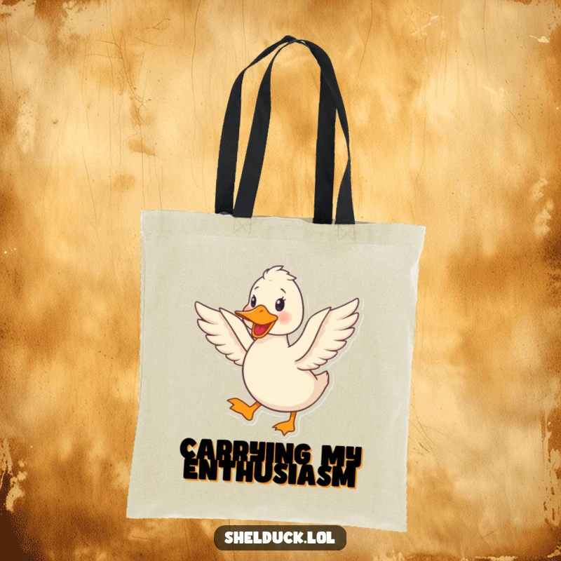 Funny shelduck tote bag featuring a cute shelduck bird quacking happily and flapping its wings with enthusiasm.