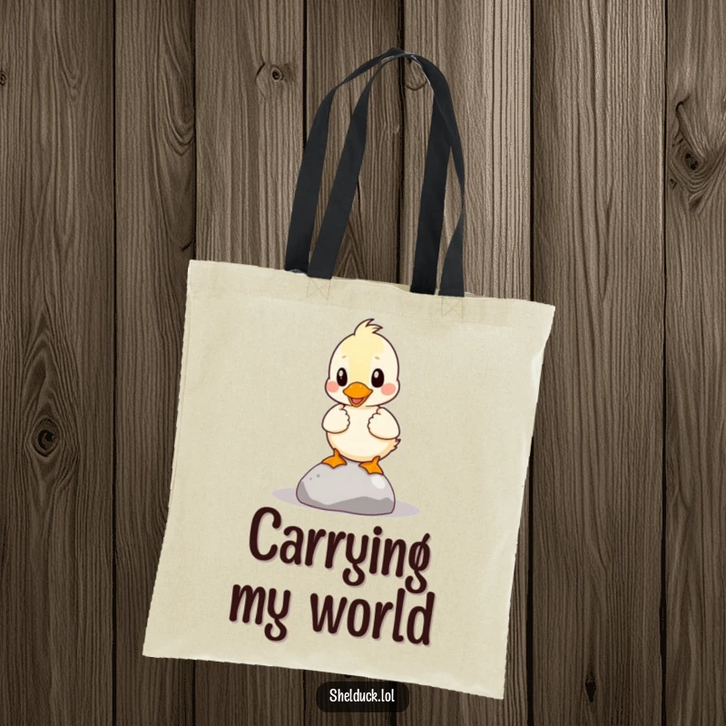 Funny Shelduck Tote Bag: A shelduck comically tries to balance a pebble, bringing a humorous touch to your errands.