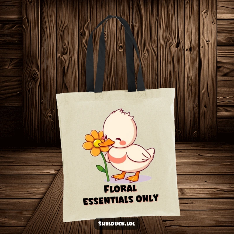 Funny Shelduck Tote Bag: A lovely shelduck bird playfully pecking at a big, beautiful flower, designed for stylish and humorous carrying.