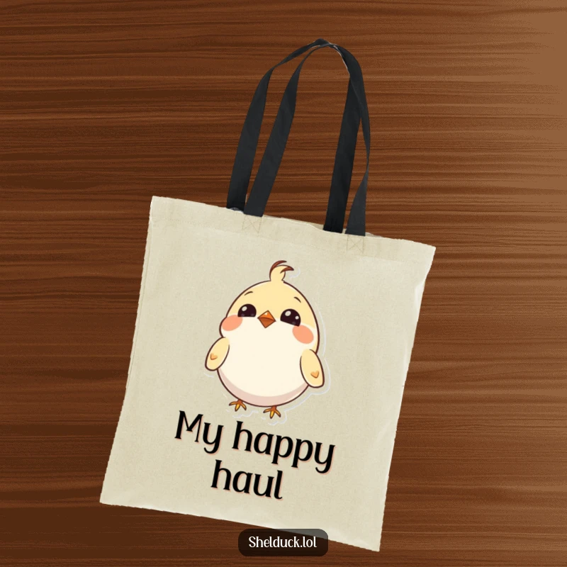 Funny tote bag featuring a small, round bird with bright eyes enthusiastically bobbing its head, full of joy.