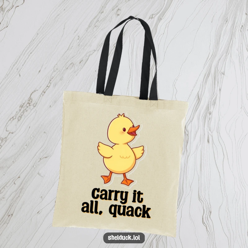 Funny duckling character with webbed feet waddling happily, illustrated on a durable tote bag, a charming accessory.