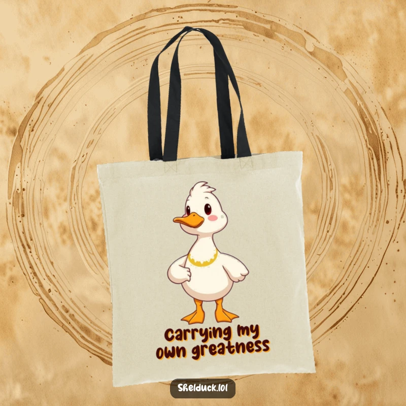 Funny proud shelduck tote bag featuring a cheerful bird standing proudly, ideal for carrying essentials with a humorous flair.