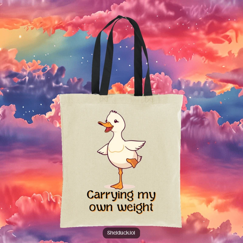 Funny shelduck tote bag featuring a cute bird comically balancing on one leg, a humorous and practical accessory for everyday use