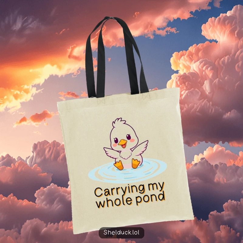 Funny Shelduck Bobbing Tote Bag showcasing a happy duck popping out of water, a humorous and practical accessory.