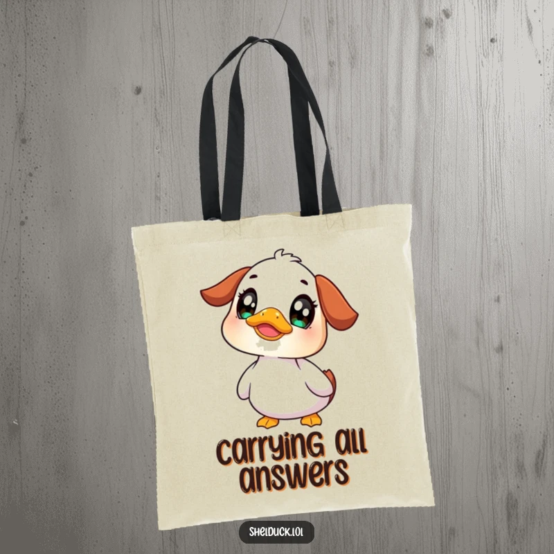 Funny shelduck tote bag featuring a cute bird with wide, curious eyes, a humorous and practical accessory for everyday use