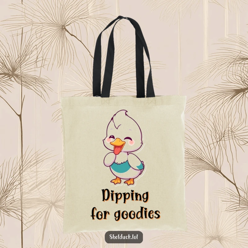 Funny Shelduck Tote Bag: A practical tote with a funny depiction of a shelduck bird joyfully dipping its beak, ideal for carrying essentials.