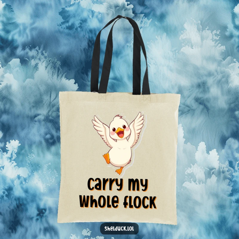 Funny shelduck tote bag featuring a cute bird flapping its wings, a stylish and humorous way to carry your essentials