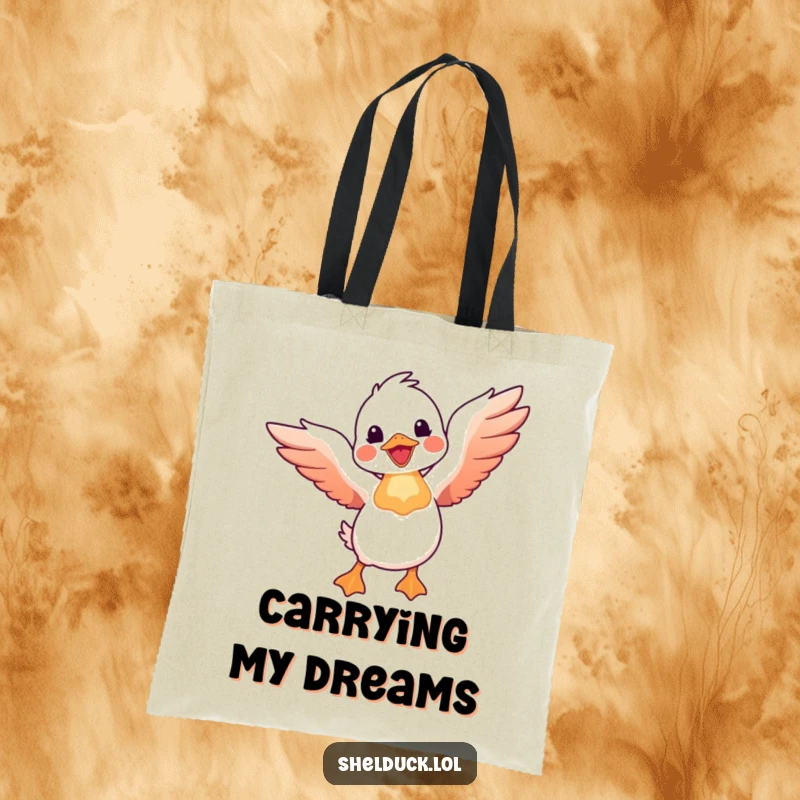 Funny shelduck tote bag illustrating a shelduck bird joyfully taking flight with wings spread wide, a humorous and inspiring accessory.