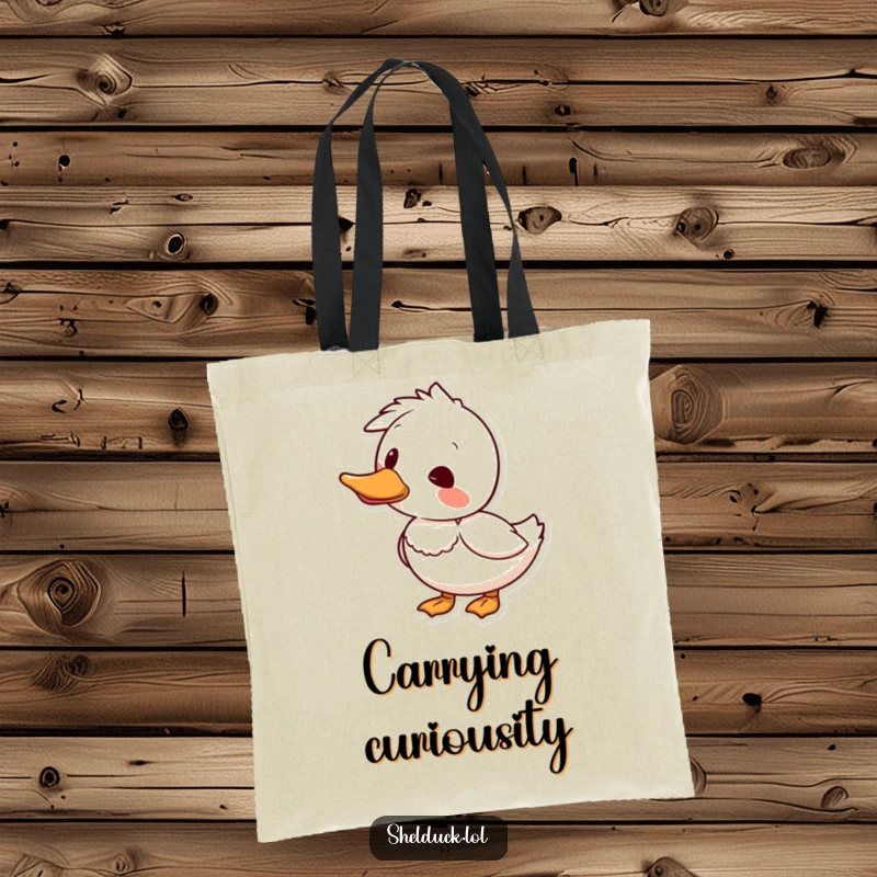 Funny shelduck tote bag showing a bird humorously tilting its head, representing curiosity and thoughtful observation.