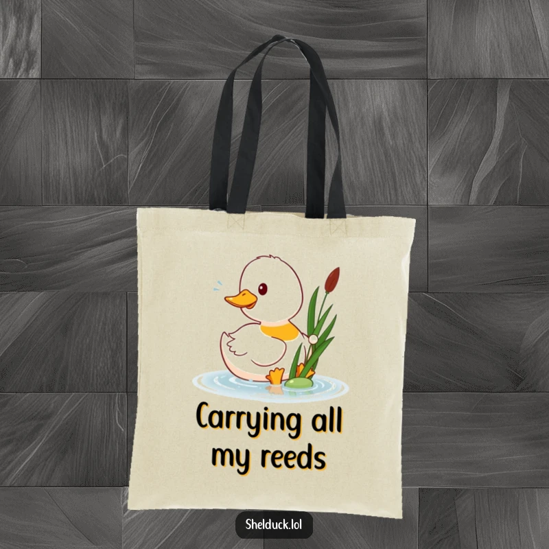 Funny shelduck tote bag depicts a happy shelduck bird playfully pecking at a floating reed, a charming and humorous accessory.