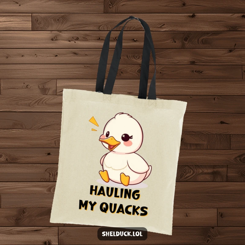 Funny shelduck tote bag with a cute duck character quacking joyfully, complete with visible sound waves for a loud, happy statement.