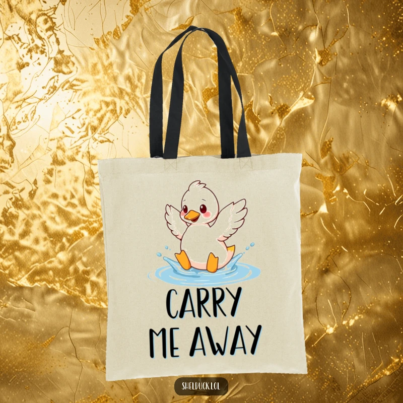Funny shelduck tote bag showing a bird humorously splashing water with its wings, perfect for carrying fun and essentials.
