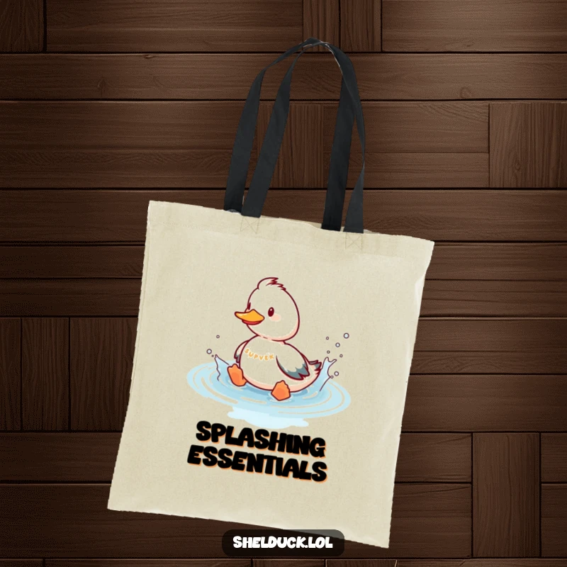 Funny shelduck tote bag adorned with a playful bird splashing in imaginary water, showcasing its fun-loving and energetic stance.