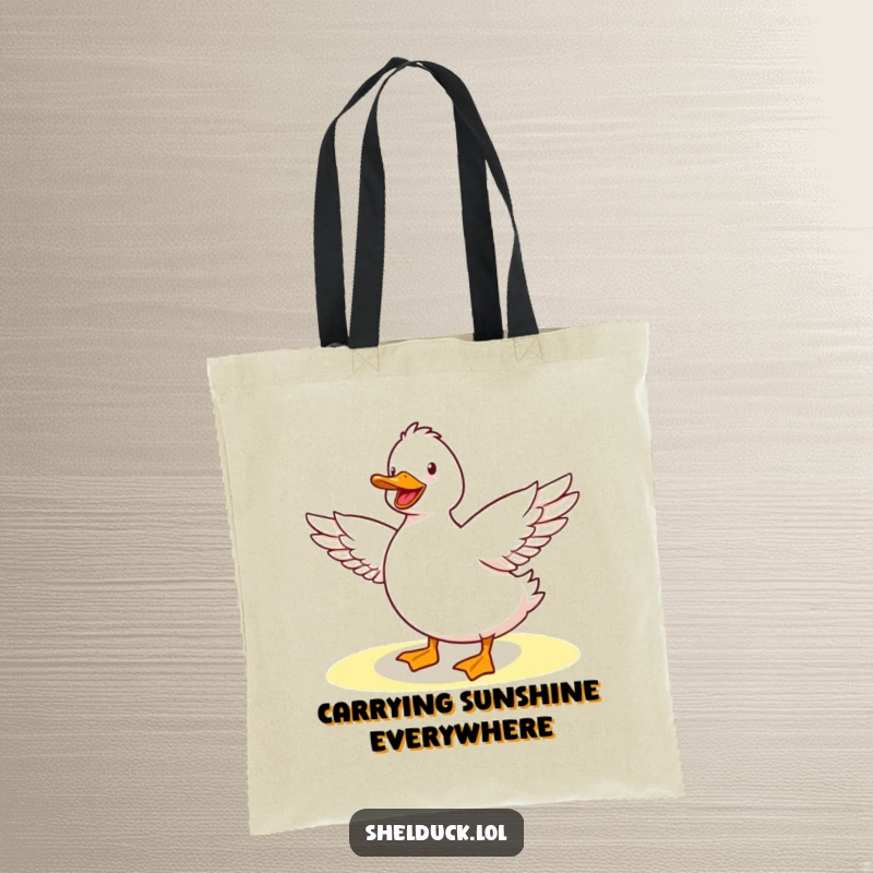 Funny Shelduck Tote Bag: Cute shelduck happily stretching wings in sunshine, a durable and humorous tote for daily use.