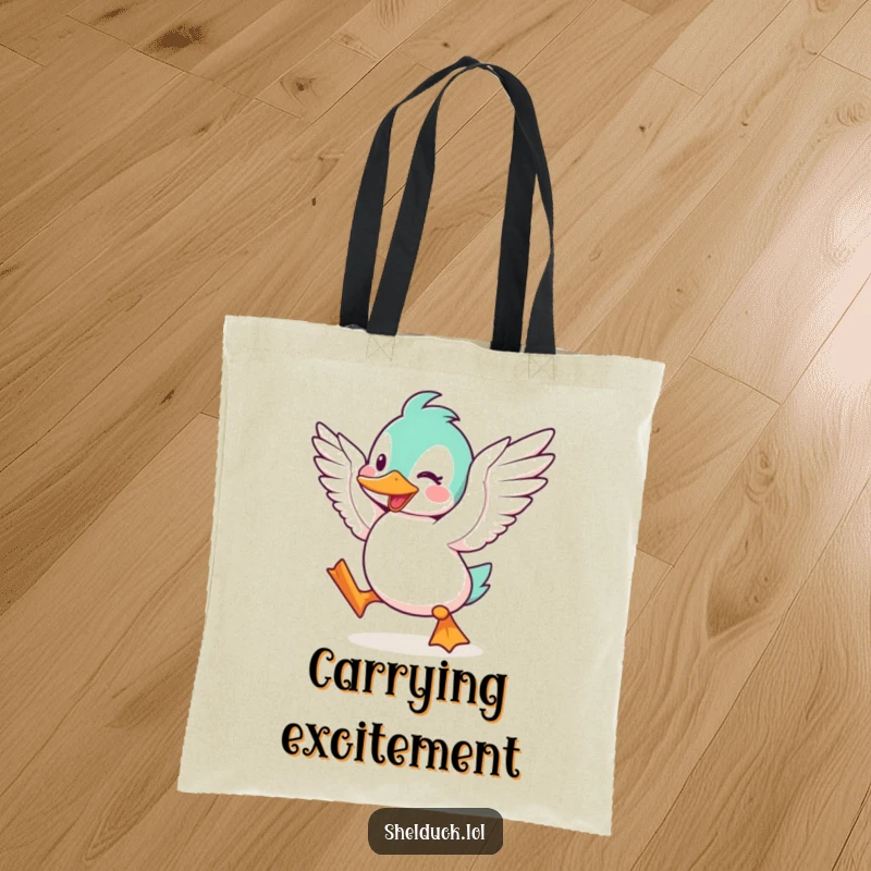Funny Shelduck Tote Bag, featuring a cute cartoon bird flapping its wings with great excitement, practical and cheerful.