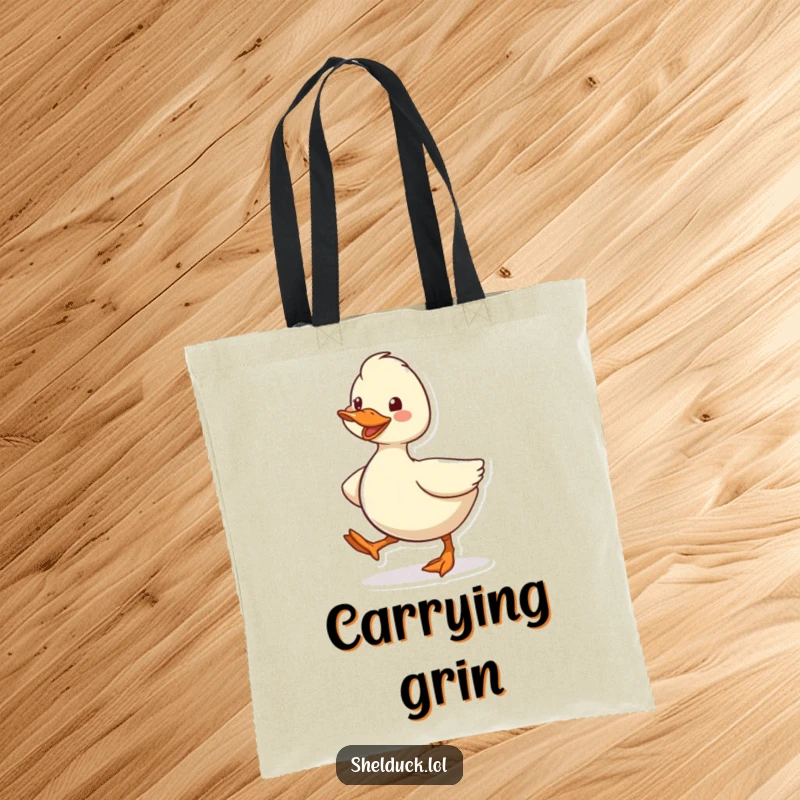 Funny Shelduck Tote Bag, featuring a cute cartoon bird character waddling energetically with a happy grin, practical and amusing.