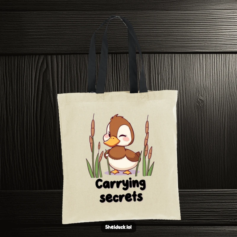 Funny Tote Bag featuring a playful shelduck character peeking from reeds with a mischievous wink.
