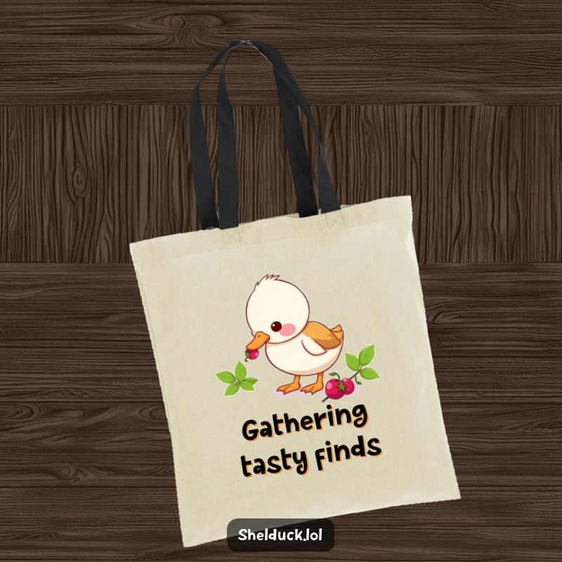 Funny shelduck tote bag with a cute duck character focused on pecking a berry, showcasing a delightful moment of snacking.