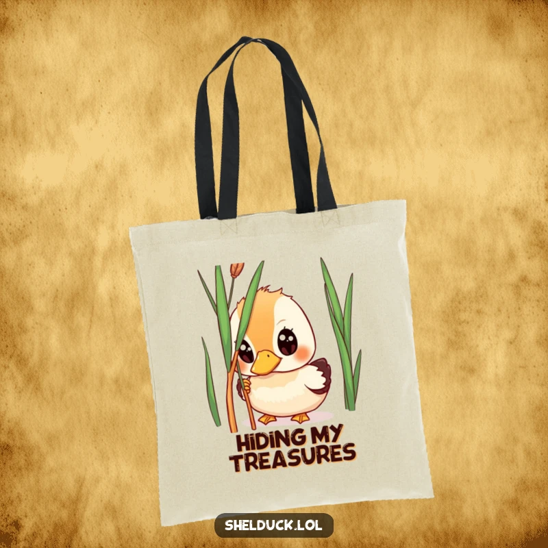 Funny shelduck tote bag, wide-eyed bird peeking from behind reed, curious accessory, humorous tote bag, great gift.