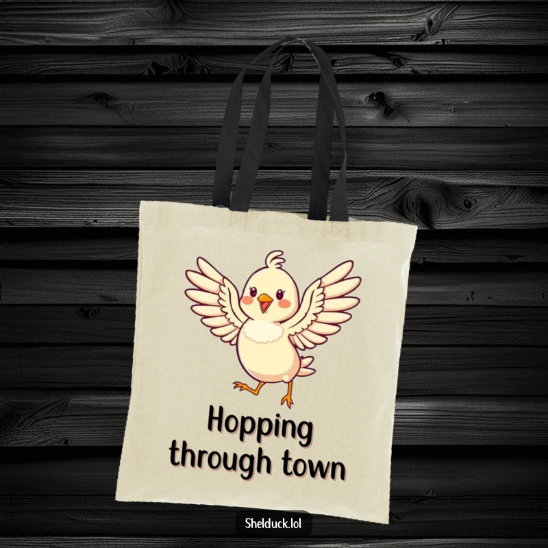 Funny tote bag featuring a cheerful bird mid-hop, wings spread wide, radiating pure joy and a sense of freedom.
