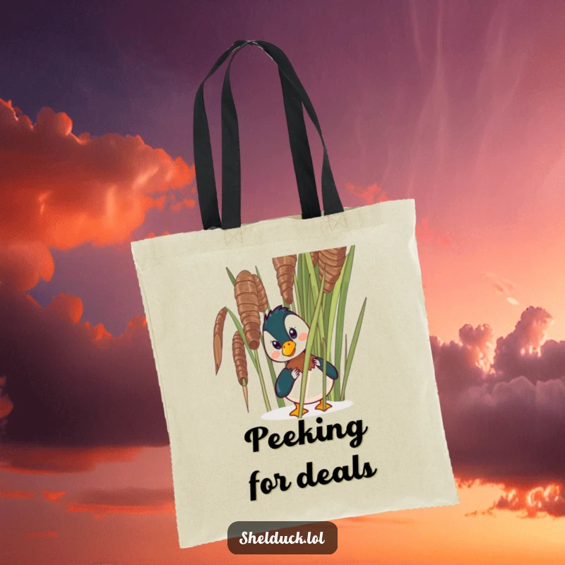 Funny shelduck tote bag adorned with a comical bird peeking from behind a reed, showcasing its sneaky and amusing stance.