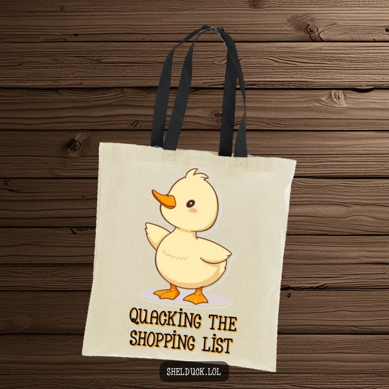 Funny Shelduck Tote Bag showcasing a cute duck character in a happy quacking pose, perfect for everyday use.