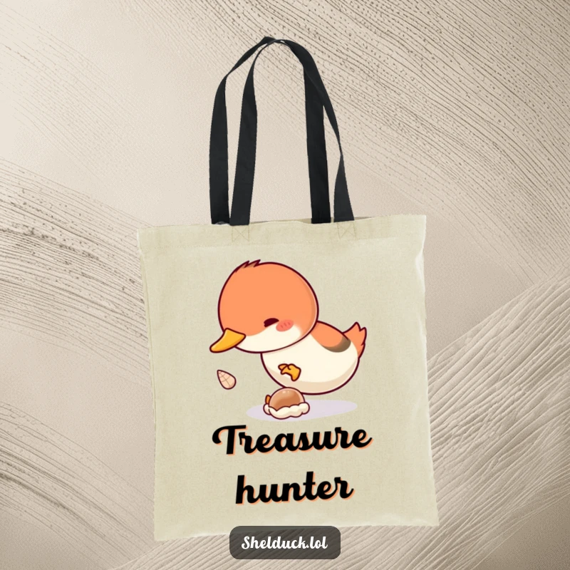 Funny Shelduck Dive Tote Bag: A sturdy tote showcasing a shelduck bird enthusiastically diving underwater for a tiny shell, ideal for daily use.