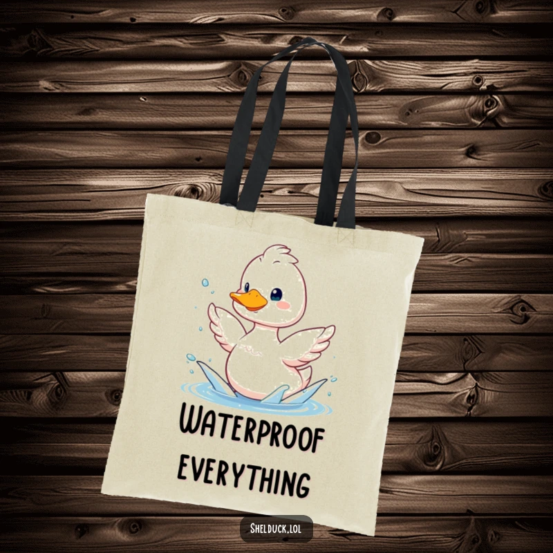 Funny shelduck tote bag, smiling bird playfully splashing water with its wings, durable and humorous accessory.